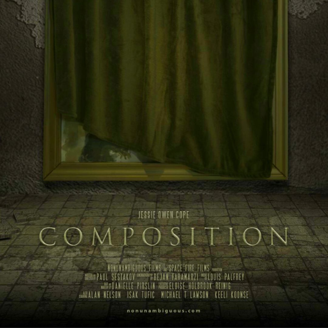 A framed portrait covered by a green curtain. The tiled floor at the bottom is overlaid with the film's credits.