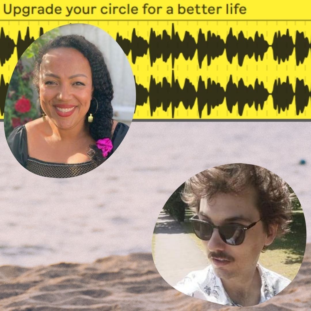 Louis and Naami's faces over a backdrop of sand and yellow and black sound wave.