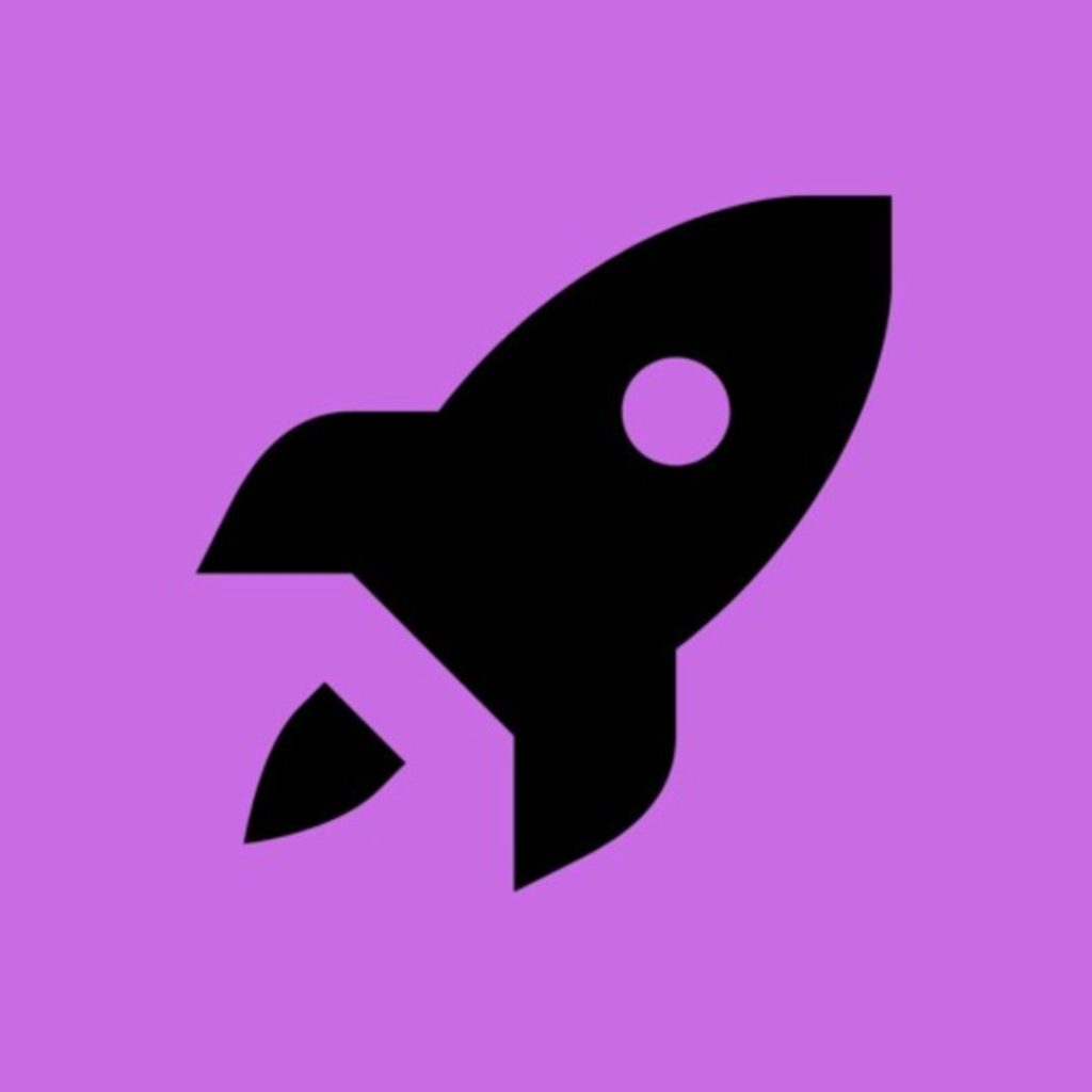 A black rocket ship on a purple background.