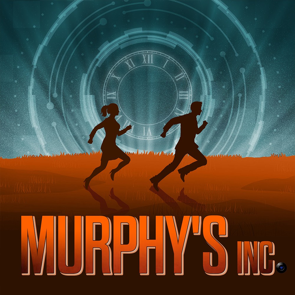 Two silhouettes run across an orange and blue background in front of a clock face of Roman numerals. The title "MURPHY'S INC." sits at the bottom.