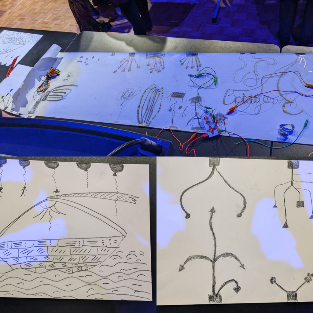 Splitscreen image. The top shows a messy table covered in wires and a long roll of paper, which is itself covered in multiple pencil doodles. The bottom image shows two pieces of paper with different drawings including a boat, balloons, and several abstract lines.