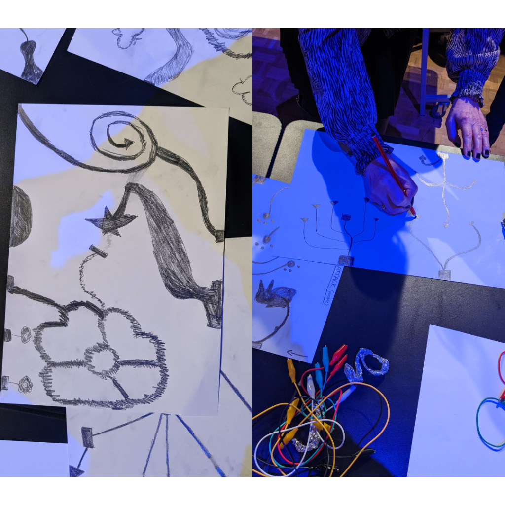 A split screen image. To the left is a pencil drawing of a flower, a star and an abstract swirl. To the right is a pair of hands drawing lines onto a piece of paper on a table covered in wires.