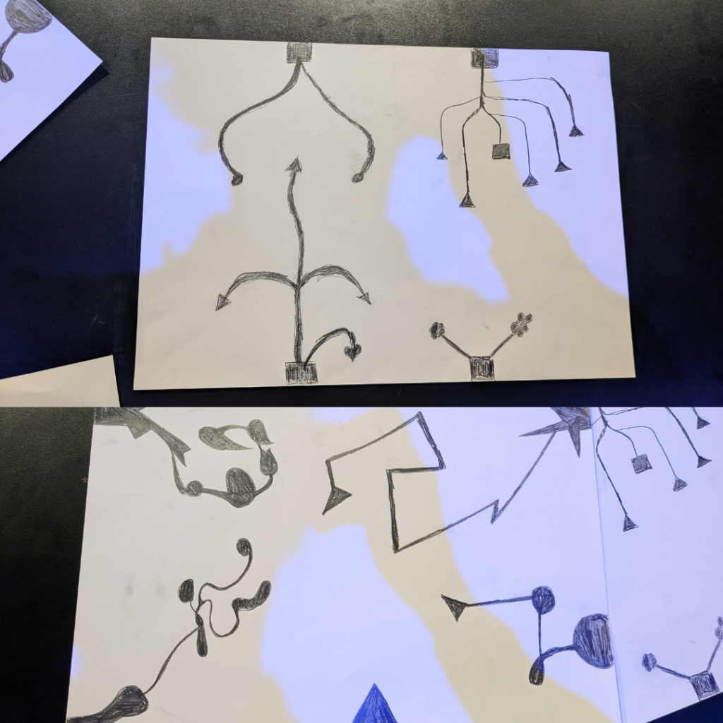 A splitscreen image showing two pieces of paper with abstract lines and shapes drawn in pencil.