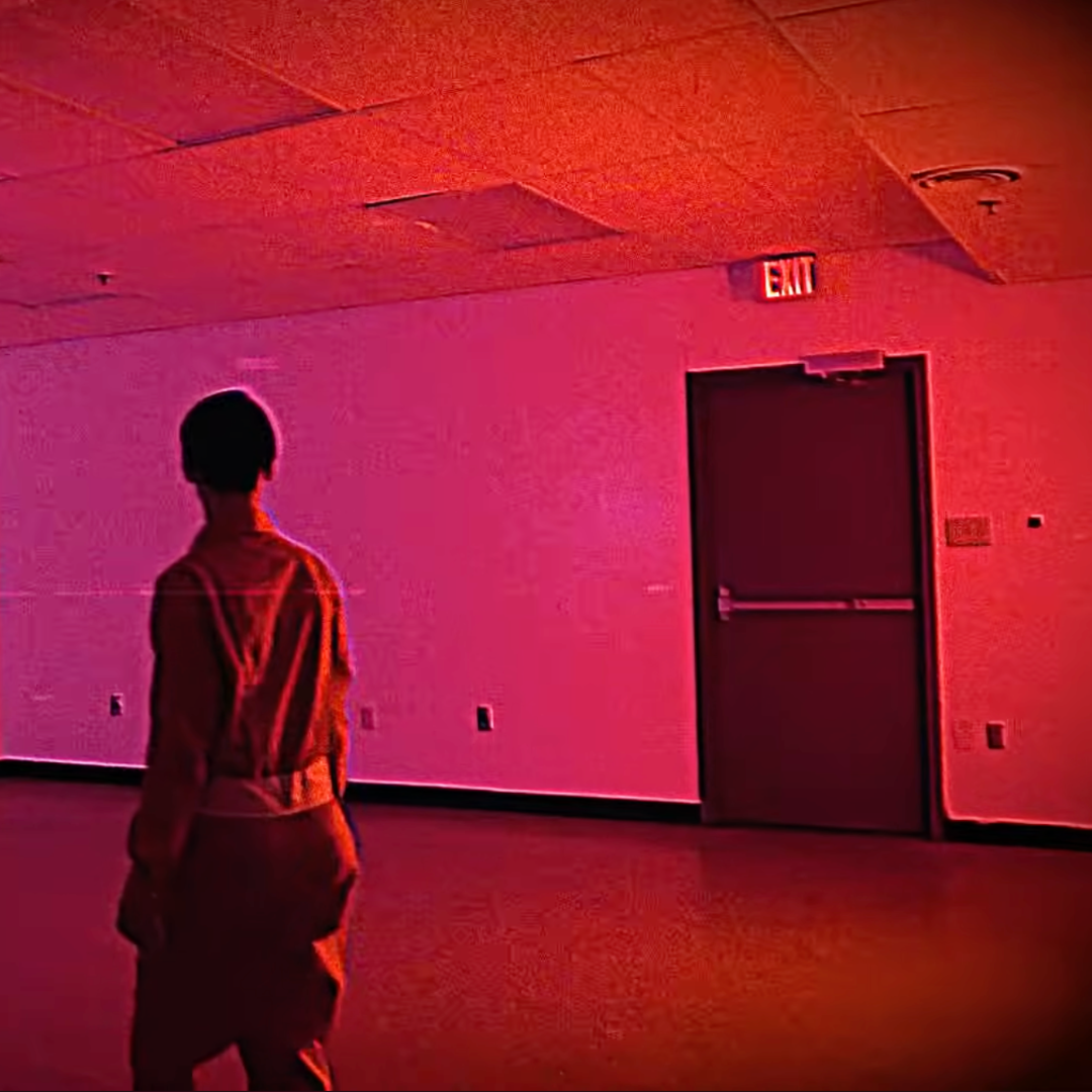 A woman stands to the left with their back to the camera, while staring at a door to the right.