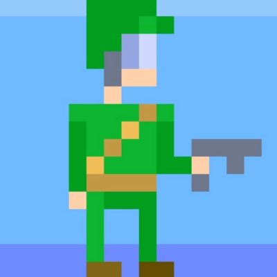 A pixelated soldier wearing a green uniform and holding a small gun against a blue background.
